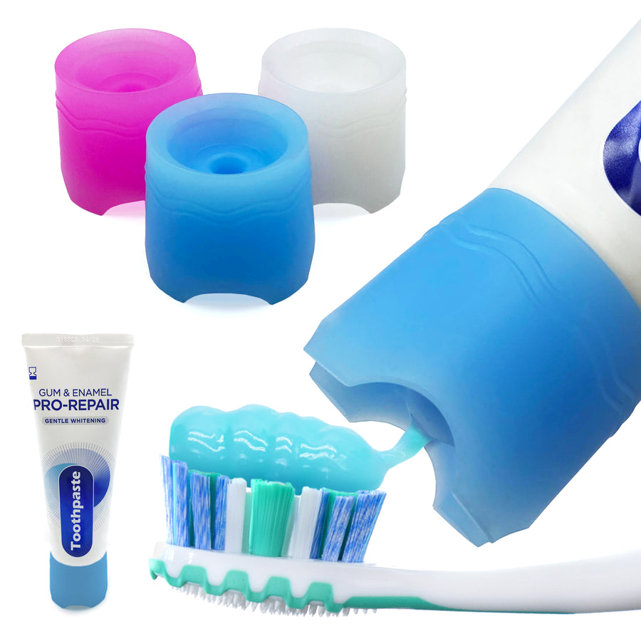 Self-Standing SqueezMe by Chrome Cherry, Self-Closing and Free-Standing Silicone Caps, Mess-Free Toothpaste Dispenser Squeezer Lids for Kids, Adults, Bathroom Accessories