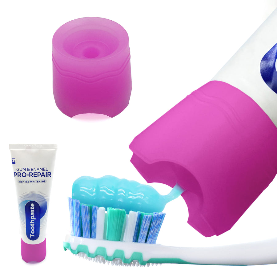 Self-Standing SqueezMe by Chrome Cherry, Self-Closing and Free-Standing Silicone Caps, Mess-Free Toothpaste Dispenser Squeezer Lids for Kids, Adults, Bathroom Accessories