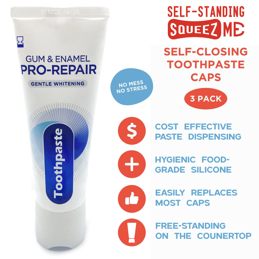 Self-Standing SqueezMe by Chrome Cherry, Self-Closing and Free-Standing Silicone Caps, Mess-Free Toothpaste Dispenser Squeezer Lids for Kids, Adults, Bathroom Accessories