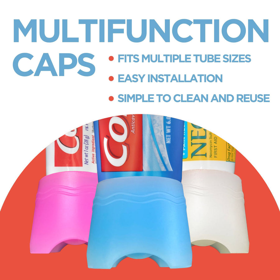 Self-Standing SqueezMe by Chrome Cherry, Self-Closing and Free-Standing Silicone Caps, Mess-Free Toothpaste Dispenser Squeezer Lids for Kids, Adults, Bathroom Accessories