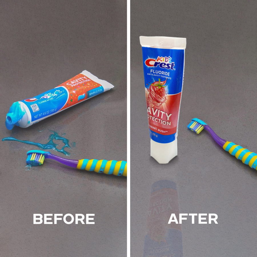 Self-Standing SqueezMe by Chrome Cherry, Self-Closing and Free-Standing Silicone Caps, Mess-Free Toothpaste Dispenser Squeezer Lids for Kids, Adults, Bathroom Accessories