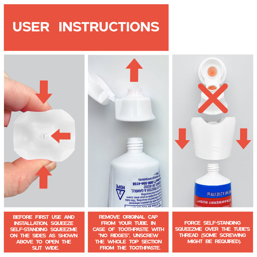 Self-Standing SqueezMe by Chrome Cherry, Self-Closing and Free-Standing Silicone Caps, Mess-Free Toothpaste Dispenser Squeezer Lids for Kids, Adults, Bathroom Accessories