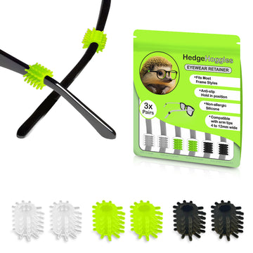 HedgeHoggles Eyewear Retainers – Adjustable Silicone Anti-Slip Holders for Glasses & Sunglasses | Rotating Bristle Grip for Customized Comfort | 3 Pairs, 3 Different colors (Black, Clear and Green)