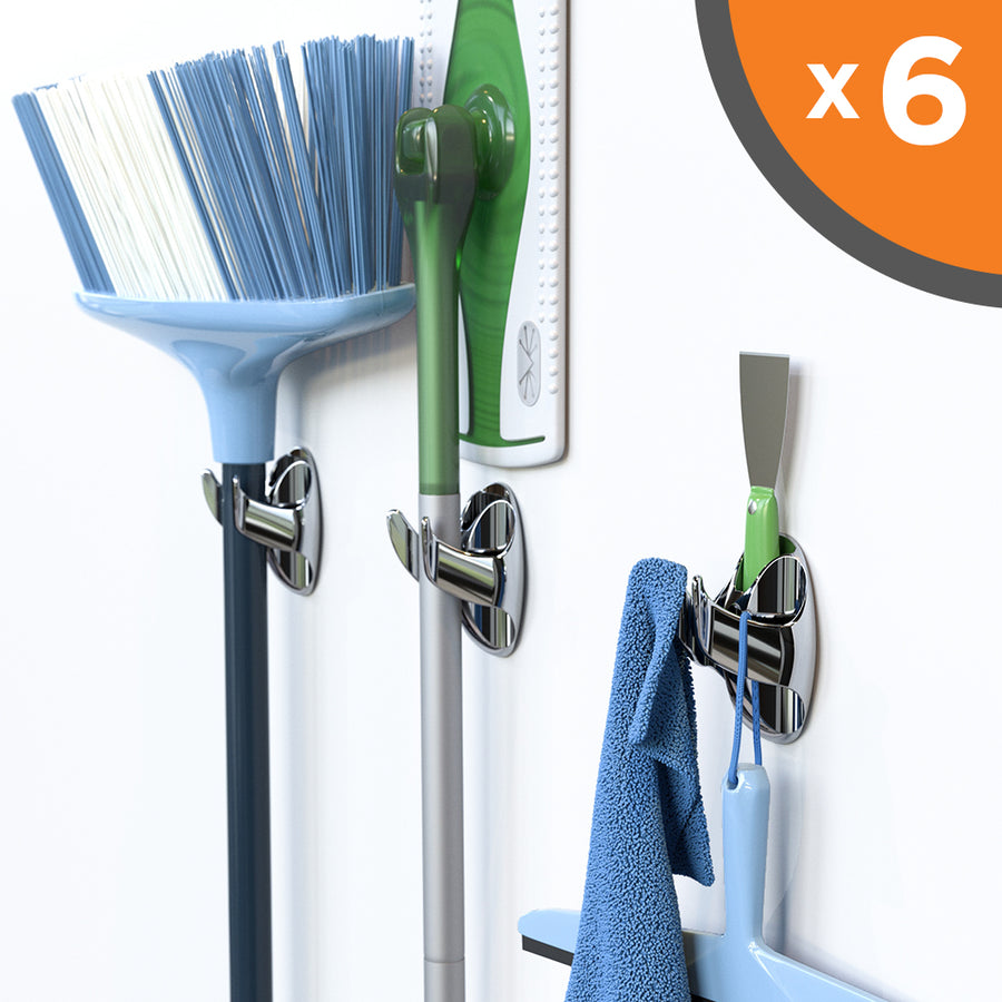 NEATERLY - Heavy Duty Adhesive Mop and Broom Organizer with All in One Clamp, Double Hook, Holder, and Bubble Level