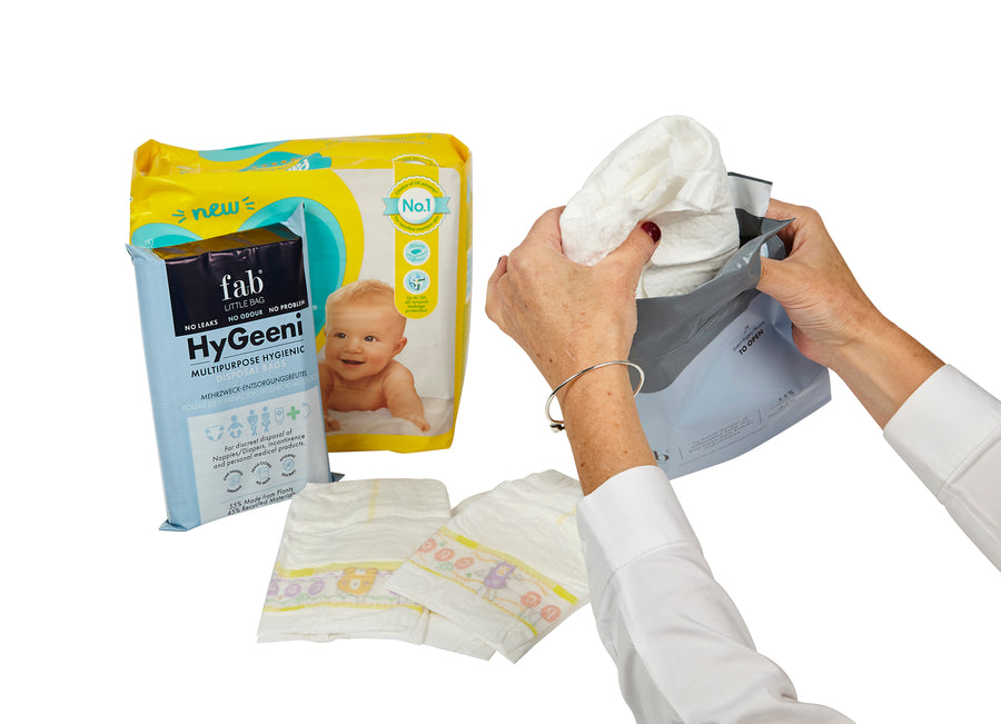 Fab Little Bag HyGeeni Disposal Bags for Nappies, Incontinence Pads, Ostomy & Catheter Bags - Prevents Odours, No Mess, Eco-Friendly, Pack of 50 Bags